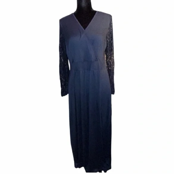 🆕WNEEDU Elegant Women's Lace Long Sleeve Maxi Dress V Neck Wrap  with Pockets - Picture 3 of 7